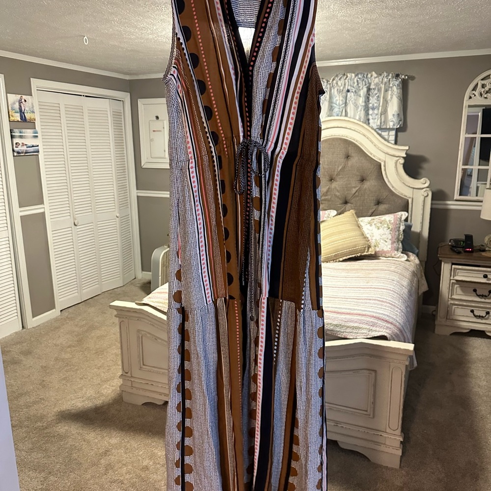 Maeve Striped Maxi Dress in Olive, White & Black - Picture 4 of 5